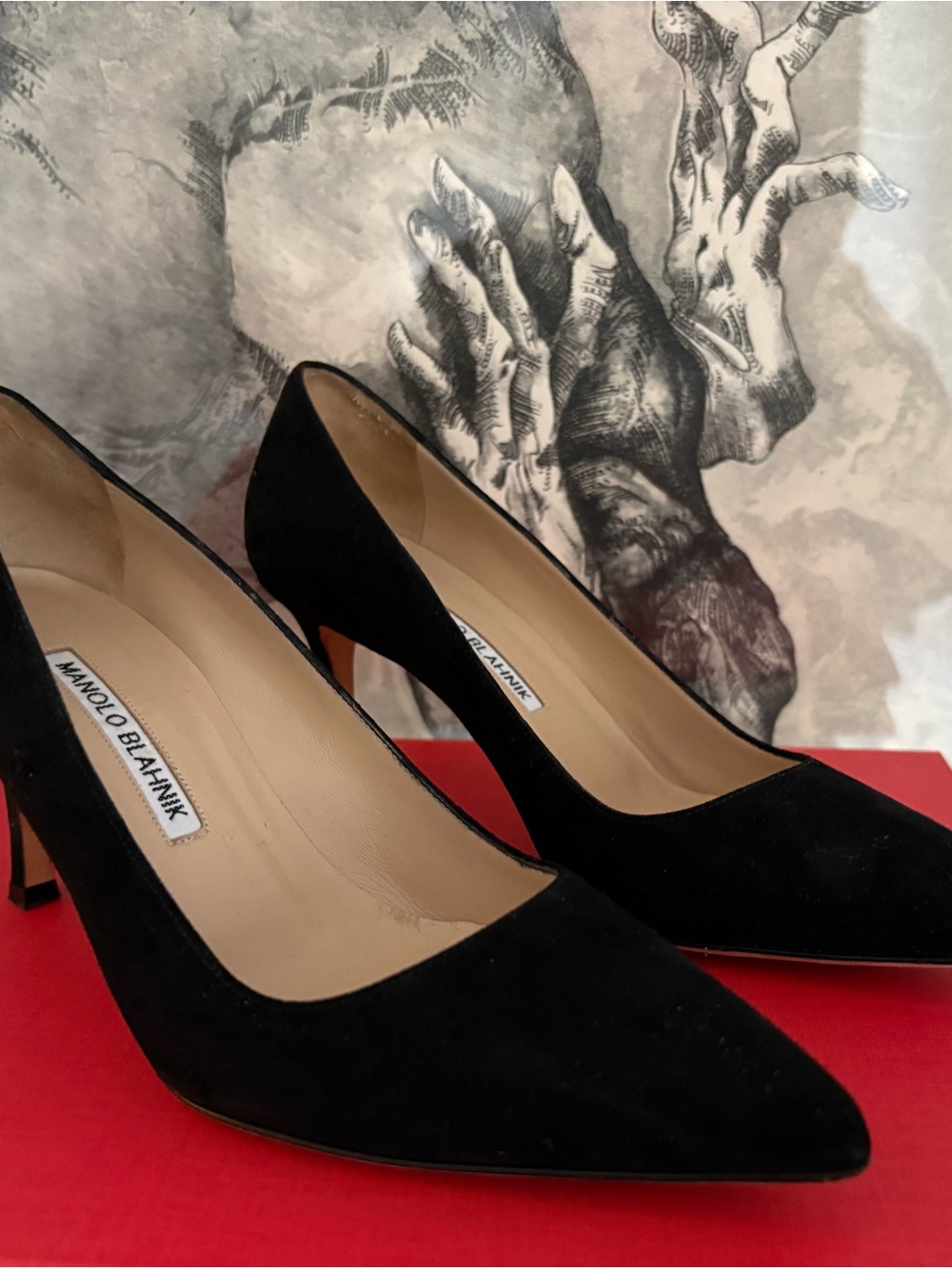 Manolo Blahnik Black Suede Pointed-Toe Mid Heel Pumps